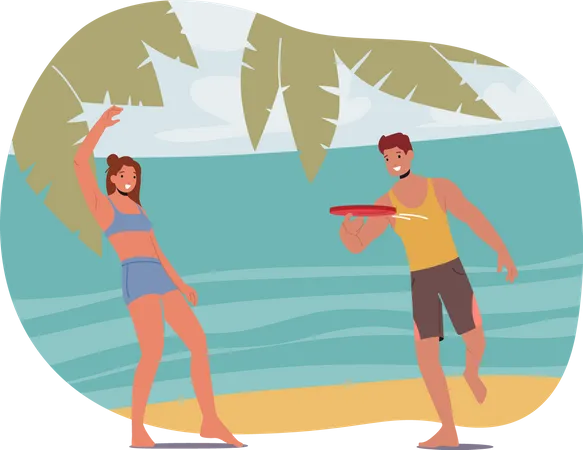 Couple playing with frisbee at beach  Illustration