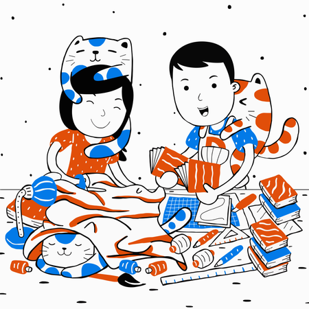 Couple playing with pets Illustration
