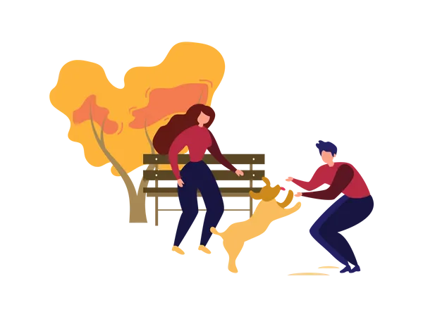 Couple playing with puppy Illustration