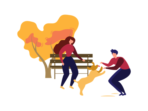 Couple playing with puppy  Illustration