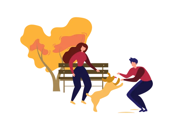 Couple playing with puppy  Illustration