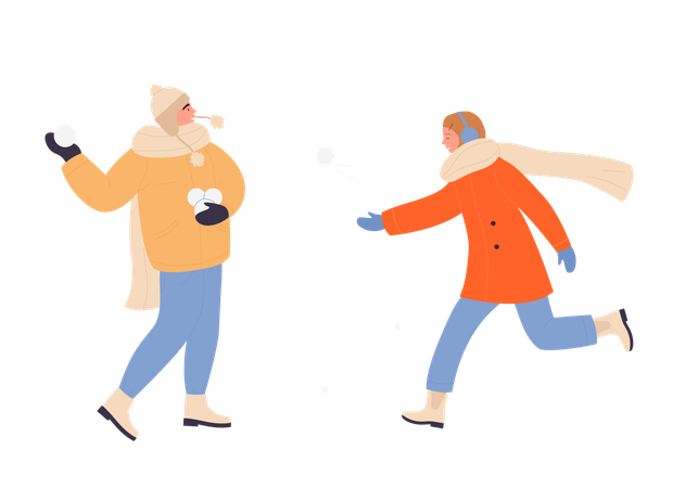 Couple playing with snowballs  Illustration