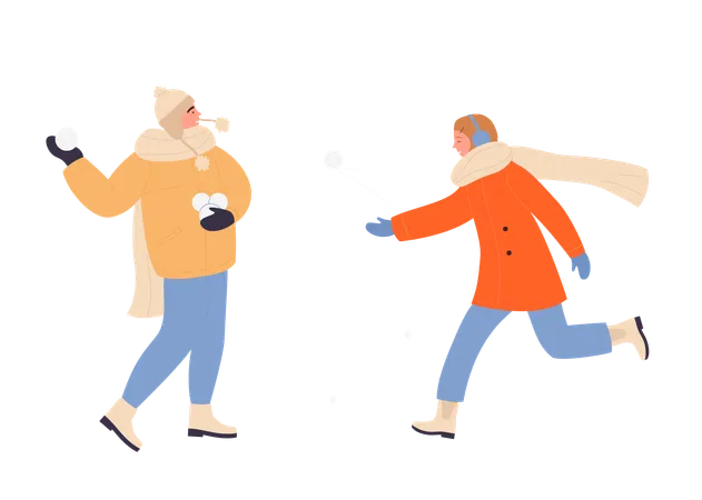 Couple playing with snowballs  Illustration