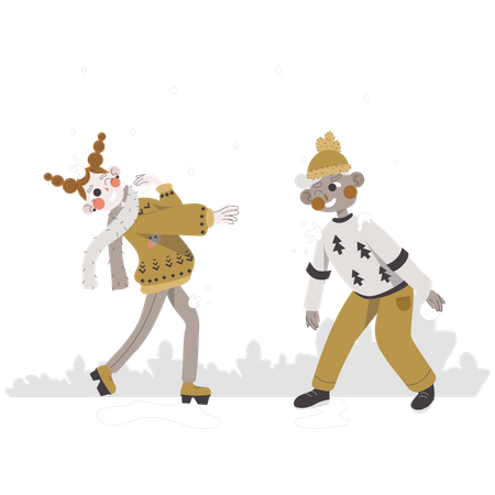 Couple playing with snowballs Illustration