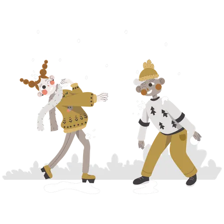 Couple playing with snowballs  Illustration