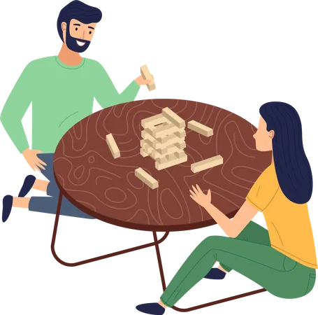 Married Couple Plays At Table Jenga Tower Wooden Sticks Whetstones Pull Blocks Development Of Attention And Perseverance Game From Tanzania Children S Wooden Cubes Board Game Home Fun Illustration