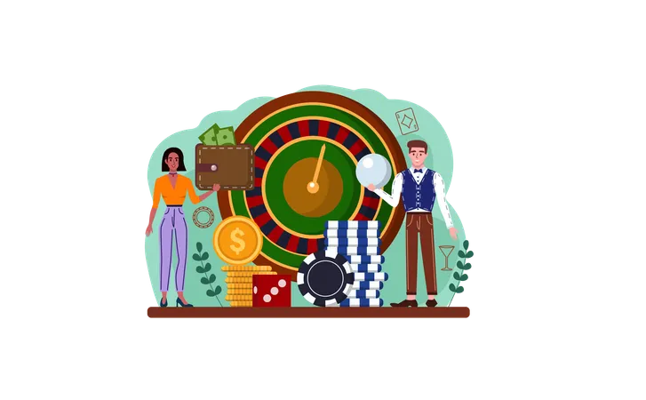 Couple plays roulette wheel in casino  Illustration