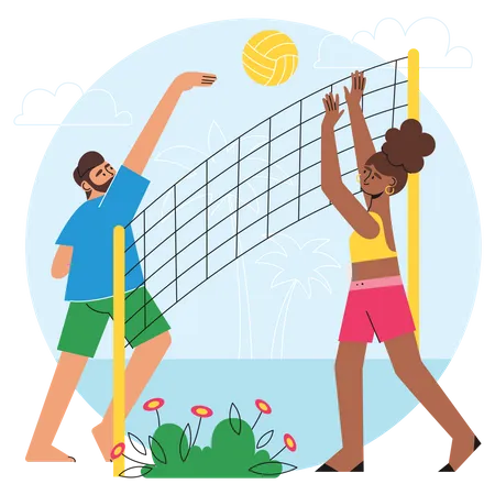 Couple Plying Beach Volleyball Illustration