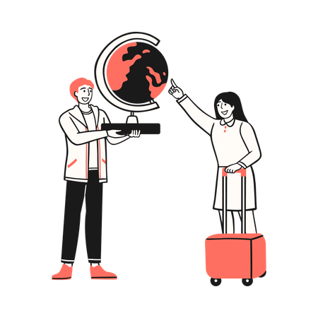 Couple pointing at a globe symbolizing their dreams of traveling the world  Illustration