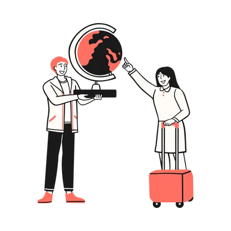 Couple pointing at a globe symbolizing their dreams of traveling the world  Illustration