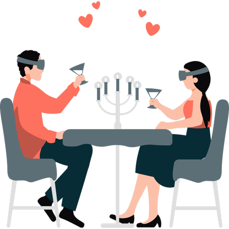 Couple portant des lunettes VR et prenant un verre de vin en date  Illustration