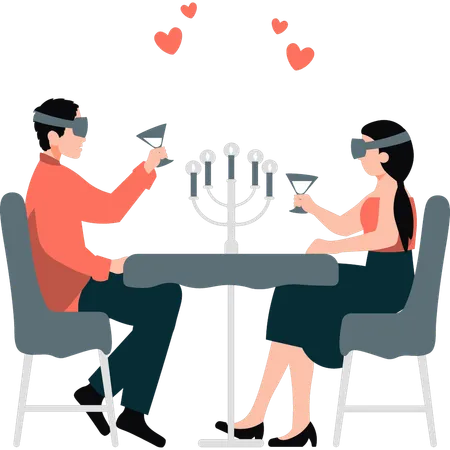 Couple portant des lunettes VR et prenant un verre de vin en date  Illustration