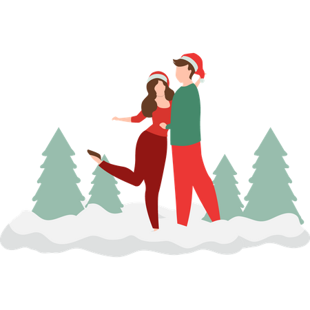 Couple posing for a photo in snow Illustration