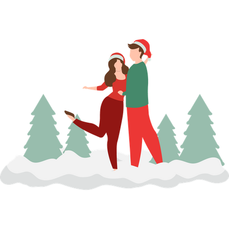 Couple posing for a photo in snow  Illustration