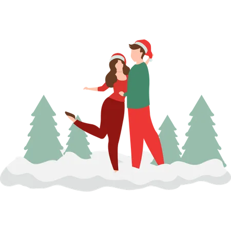 Couple posing for a photo in snow  Illustration