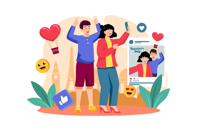 Couple publiant un selfie sur les réseaux sociaux à la Saint-Valentin  Illustration