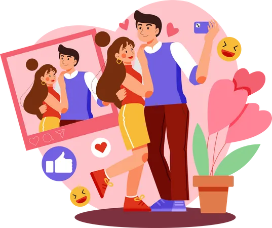 Couple posting selfie on social media at anniversary day  Illustration