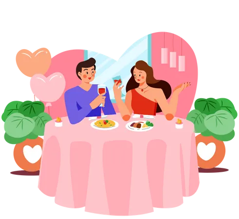 Couple lors d'un dîner romantique au restaurant  Illustration