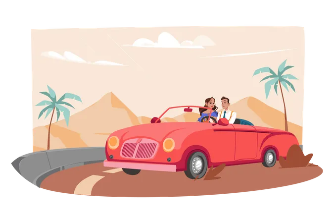 Couple partant pour un long trajet en voiture  Illustration