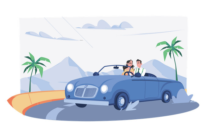 Couple partant pour un long trajet en voiture  Illustration