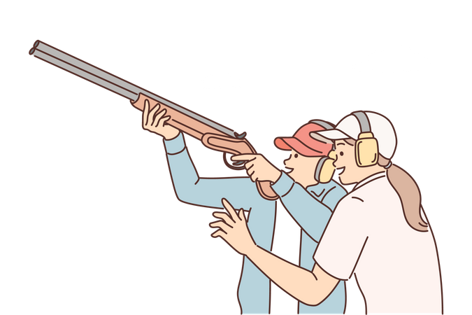 Couple practicing shooting with gun  Illustration