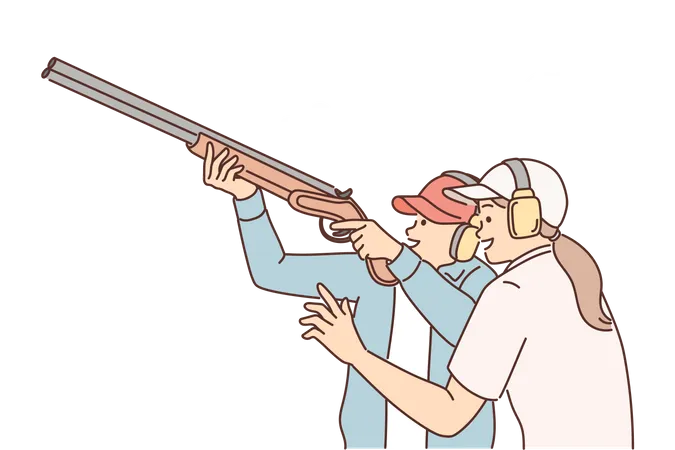 Couple practicing shooting with gun  Illustration