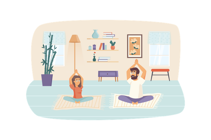 Couple practicing yoga asanas Illustration