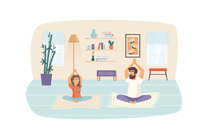 Couple practicing yoga asanas  Illustration