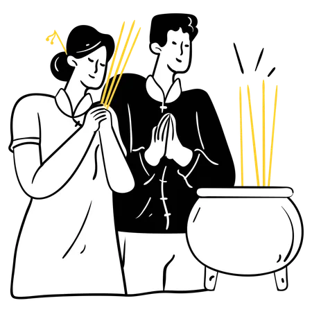 Couple praying at temple  Illustration