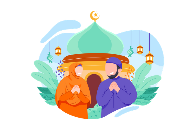 Couple Praying in Front of Mosque Illustration