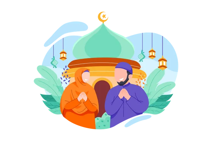Couple Praying In Front Of Mosque Hand Drawn Illustration Illustration