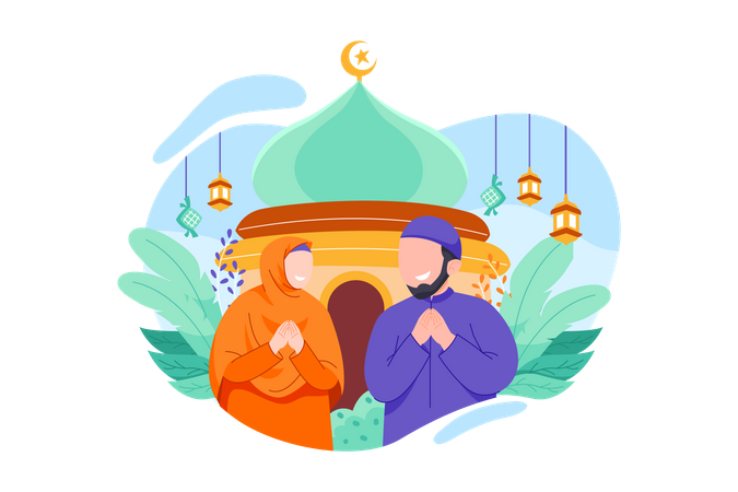 Couple Praying in Front of Mosque  Illustration