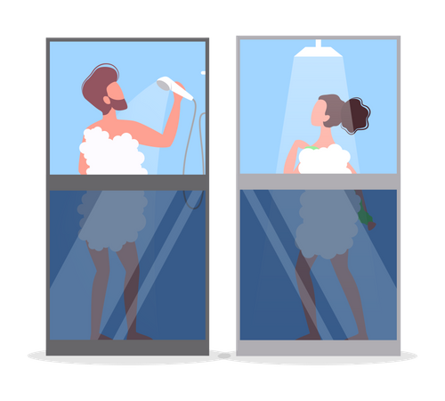 Couple prenant une douche matinale dans la salle de bain  Illustration
