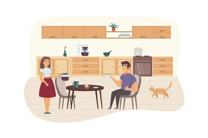 Couple prenant le petit déjeuner dans la cuisine  Illustration