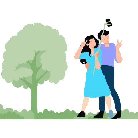 Couple prenant le selfie dans le parc  Illustration