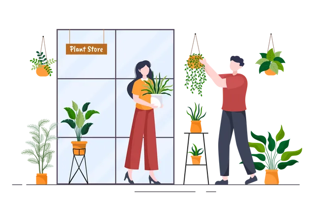 Couple prenant soin des plantes en magasin  Illustration