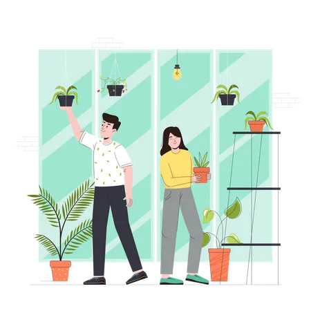 Couple prenant soin des plantes  Illustration