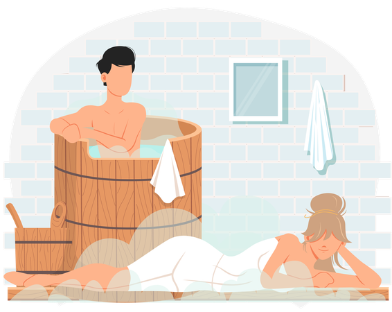 Couple prenant un bain de vapeur ensemble  Illustration