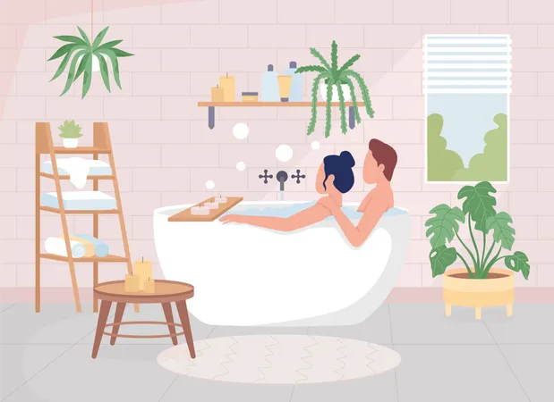 Couple prenant un bain ensemble dans la baignoire  Illustration