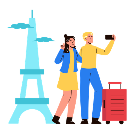 Couple prenant un selfie en voyage  Illustration