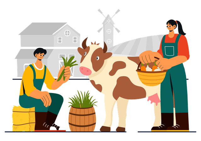 Un couple s'occupe d'une vache domestique  Illustration