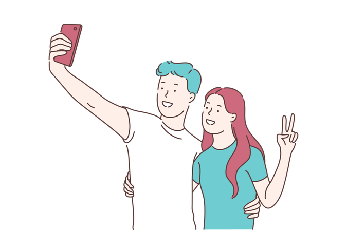 Un couple prend un selfie  Illustration