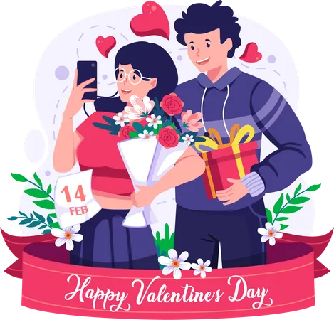 Un couple prend un selfie le jour de la Saint-Valentin  Illustration