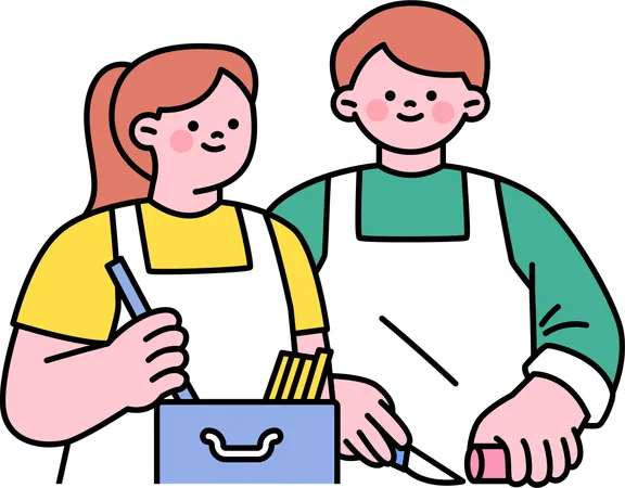 Un couple prépare à manger ensemble  Illustration