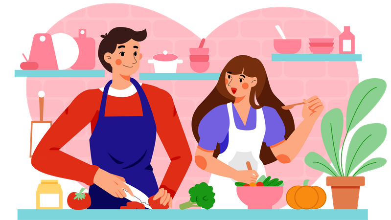 Couple prepare meal for anniversary day Illustration