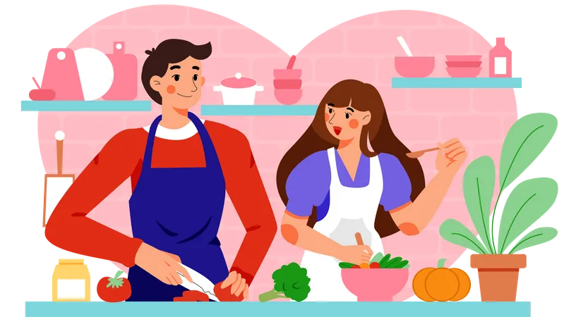 Couple prepare meal for anniversary day Illustration