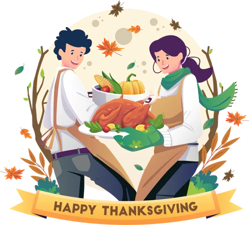 Couple préparant et cuisinant des plats pour les vacances de Thanksgiving  Illustration