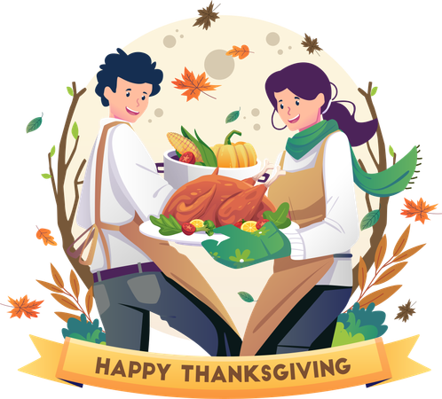Couple preparing and cooking dishes for the Thanksgiving holiday  Illustration