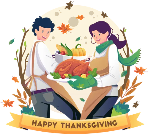 Couple preparing and cooking dishes for the Thanksgiving holiday  Illustration