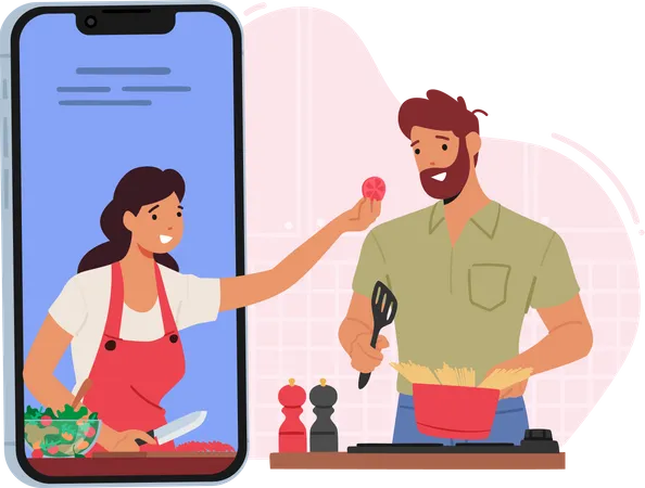 Online Cooking Concept Male Character Use Internet For Preparing Food Man Watch Video Tutorial With Woman Show Recipe Of Tasty Meal On Kitchen Cartoon People Vector Illustration Illustration